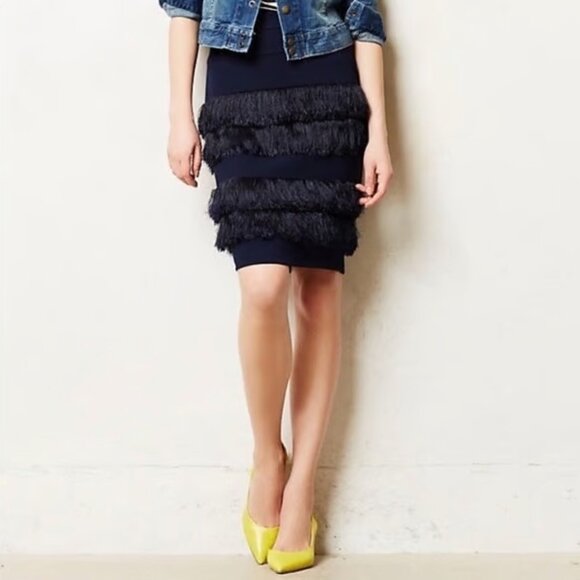 NWOT Eva Franco blue knee length skirt with tiered fringe accent, 10 - Picture 4 of 8